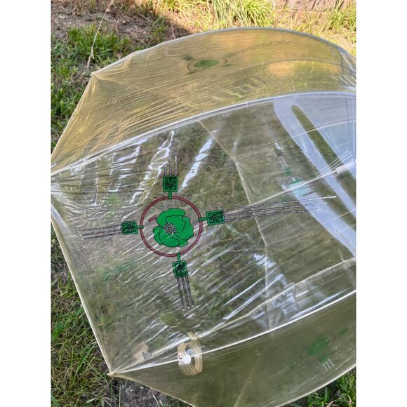 Vintage 1960s Clear Vinyl Bubble Umbrella Green Flowers & Handle - Picture 2 of 16
